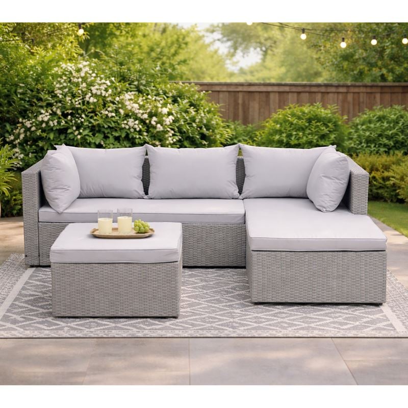 CORNER Set Wicker, Γωνία με Σκαμπό, Απόχρωση Ανοιχτό Γκρι