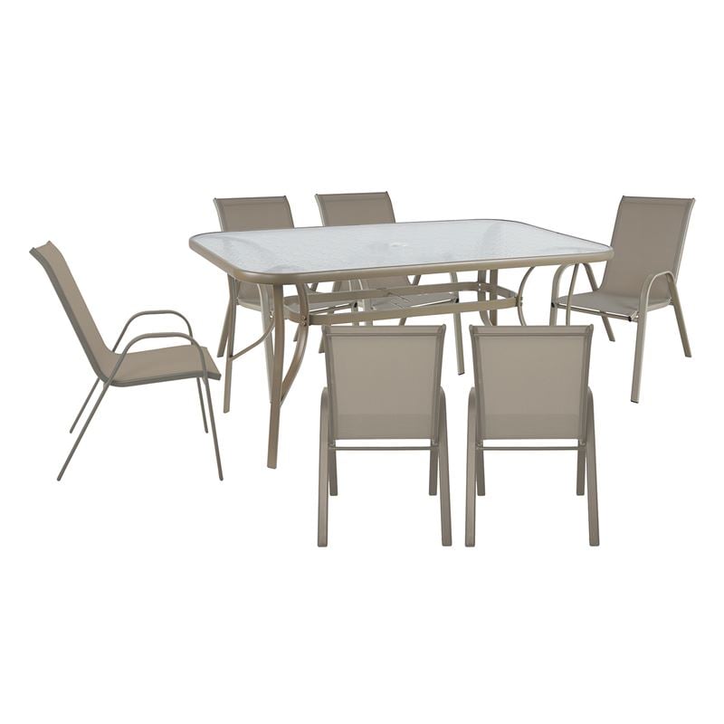 RIO Set Τραπεζαρία Κήπου Μέταλλο Βαφή Μπεζ, Textilene Μπεζ: Τραπέζι + 6 Πολυθρόνες