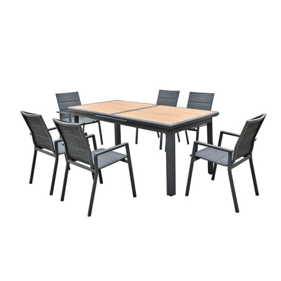 NAPOLI Set Dining ALU Κήπου: 6 Πολυθρόνες + Τραπέζι Επεκτ/νο Μαύρο-Καρυδί-Textilene Ανθρακί NAPOLI Set Dining ALU Κήπου: 6 Πολυθρόνες + Τραπέζι Επεκτ/νο Μαύρο-Καρυδί-Textilene Ανθρακί