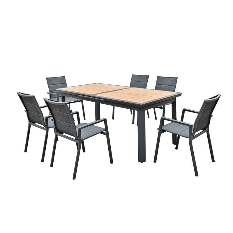 NAPOLI Set Dining ALU Κήπου: 6 Πολυθρόνες + Τραπέζι Επεκτ/νο Μαύρο-Καρυδί-Textilene Ανθρακί
