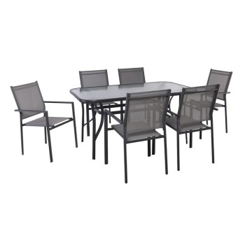 LANSON - RIO Set Τραπεζαρία Μέταλλο Ανθρακί, Textilene Γκρι: Τραπέζι + 6 Πολυθρόνες