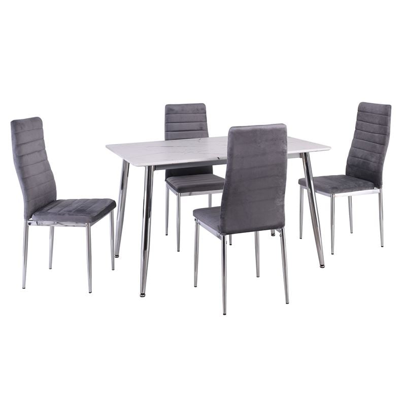 JETTA-DATUM Τραπεζαρία Κουζίνας Χρώμιο, Τραπέζι Mdf Άσπρο + 4 Καρέκλες Velure Γκρι