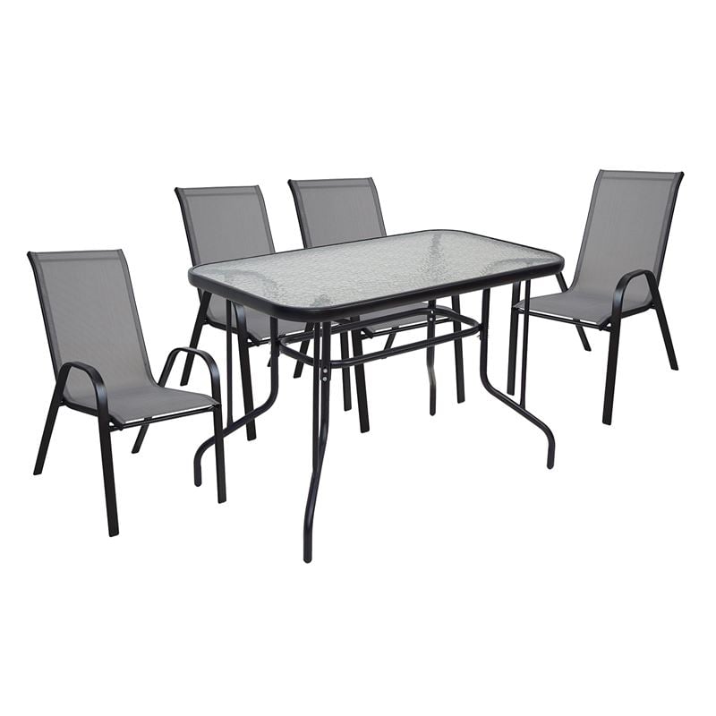 RIO Set Τραπεζαρία Κήπου Μέταλλο Βαφή Μαύρο, Textilene Γκρι: Τραπέζι + 4 Πολυθρόνες