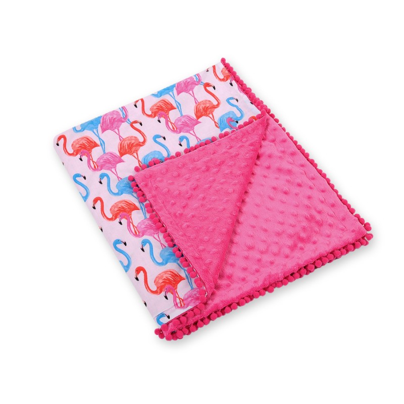 Double-sided blanket minky with pompons -  flamingo