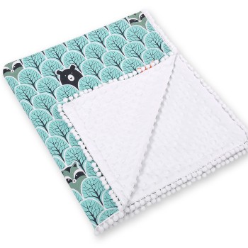 Double-sided blanket minky with pompons - mint forest