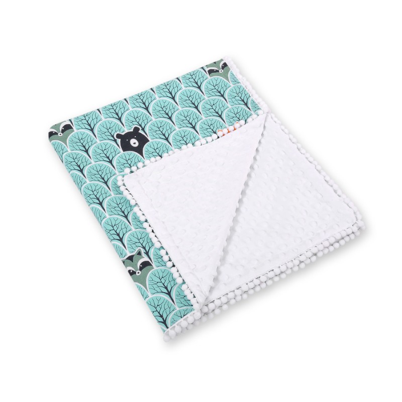 Double-sided blanket minky with pompons - mint forest