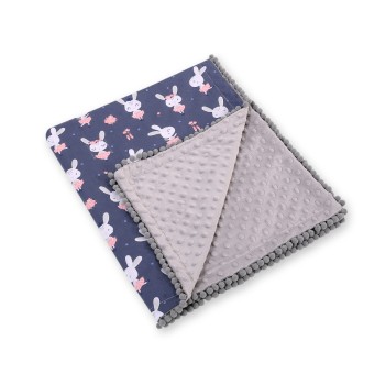 Double-sided blanket minky with pompons - blue rabbits