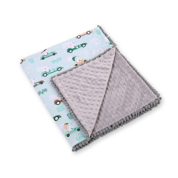 Double-sided blanket minky with pompons - mint rabbits