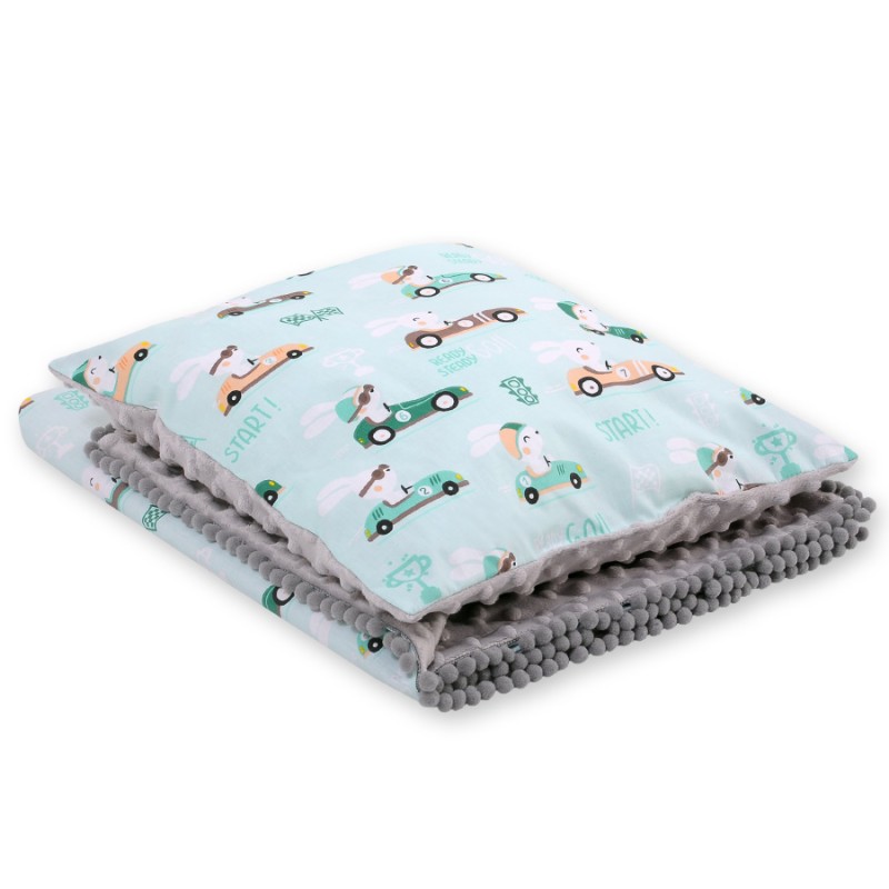Set: Double-sided blanket minky + pillow- mint rabbits