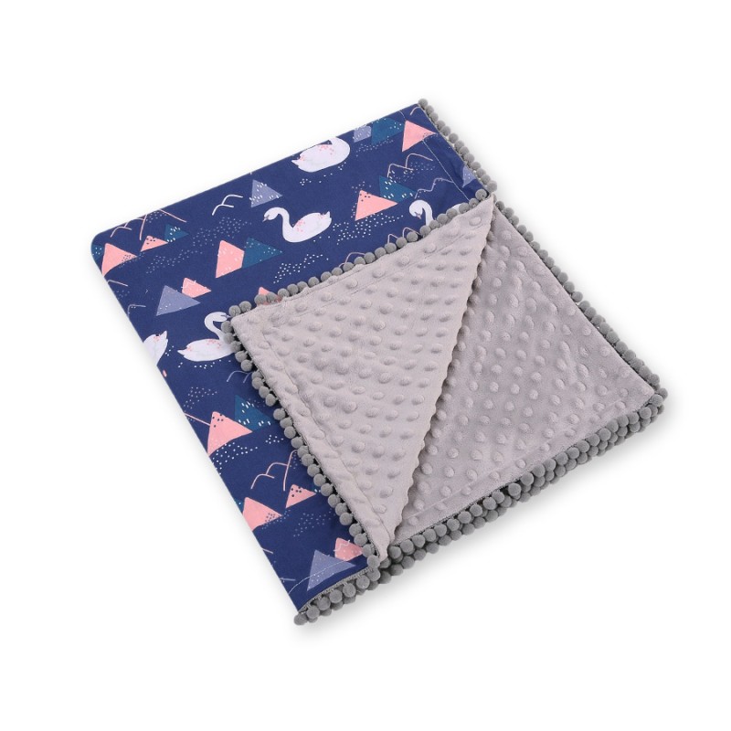 Double-sided blanket minky with pompons - Swans navy blue
