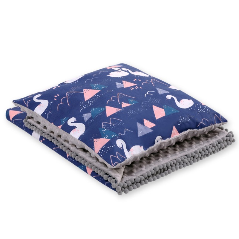 Set: Double-sided blanket minky + pillow- Swans navy blue