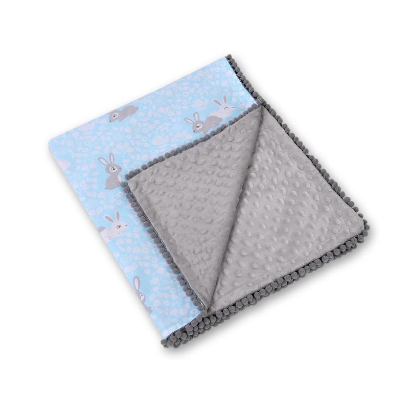 Double-sided blanket minky with pompoms - blue rabbits