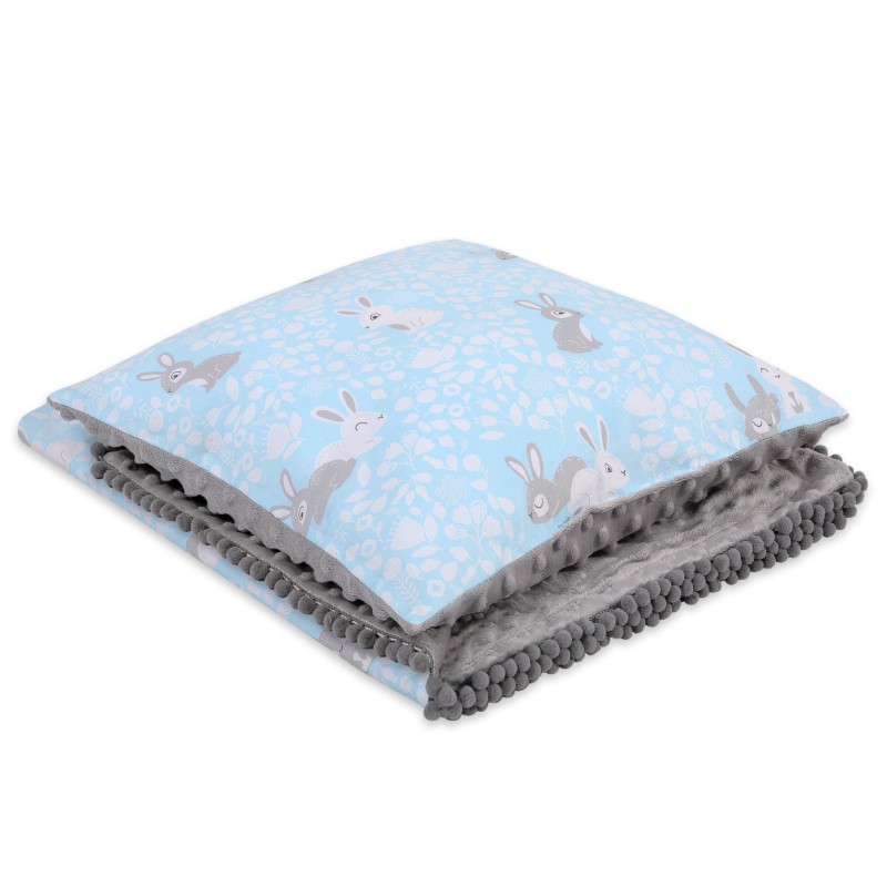 Set: Double-sided blanket minky + pillow- blue rabbits