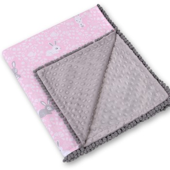 Double-sided blanket minky with pompoms - pink rabbits