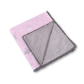 Double-sided blanket minky with pompoms - pink rabbits