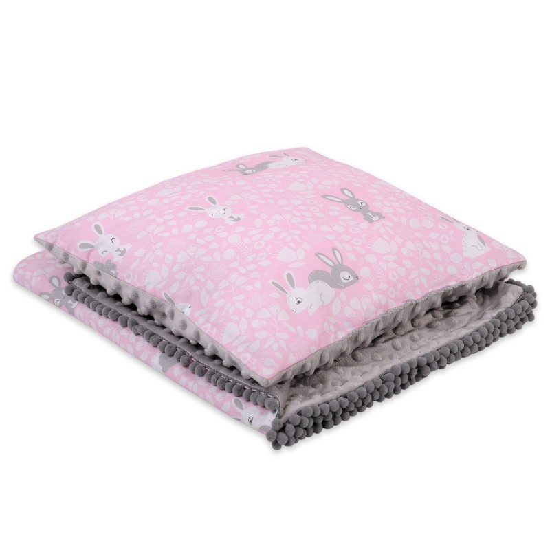 Set: Double-sided blanket minky + pillow- pink rabbits