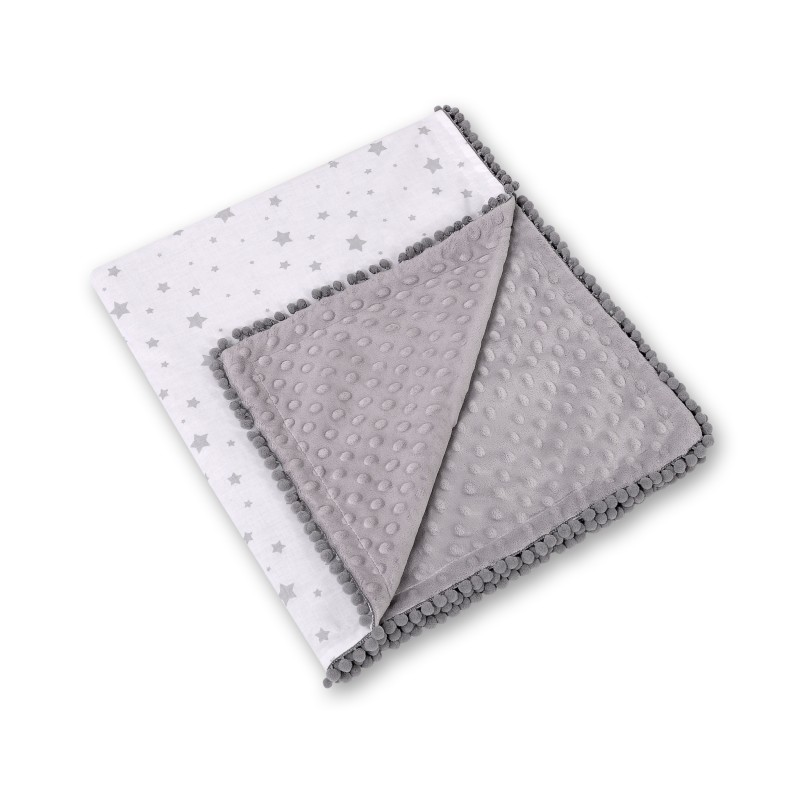 Double-sided blanket minky with pompoms - mini gray stars
