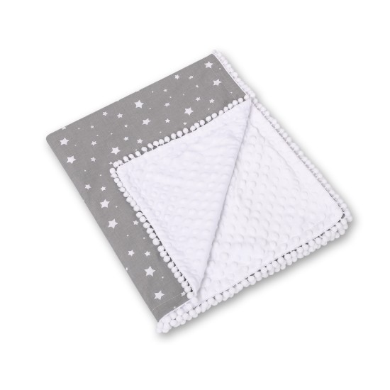 Double-sided blanket minky with pompoms - mini stars white Double-sided blanket minky with pompoms - mini stars white