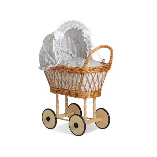 Wicker dolls pram with bedding and padding - natural