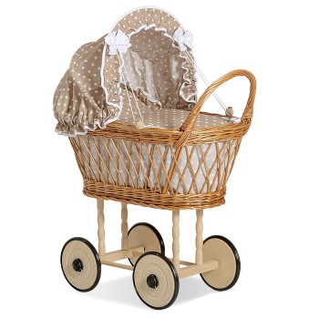 Wicker dolls' pram with bedding and padding - natural
