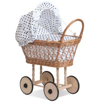 Wicker dolls' pram with bedding and padding - natural