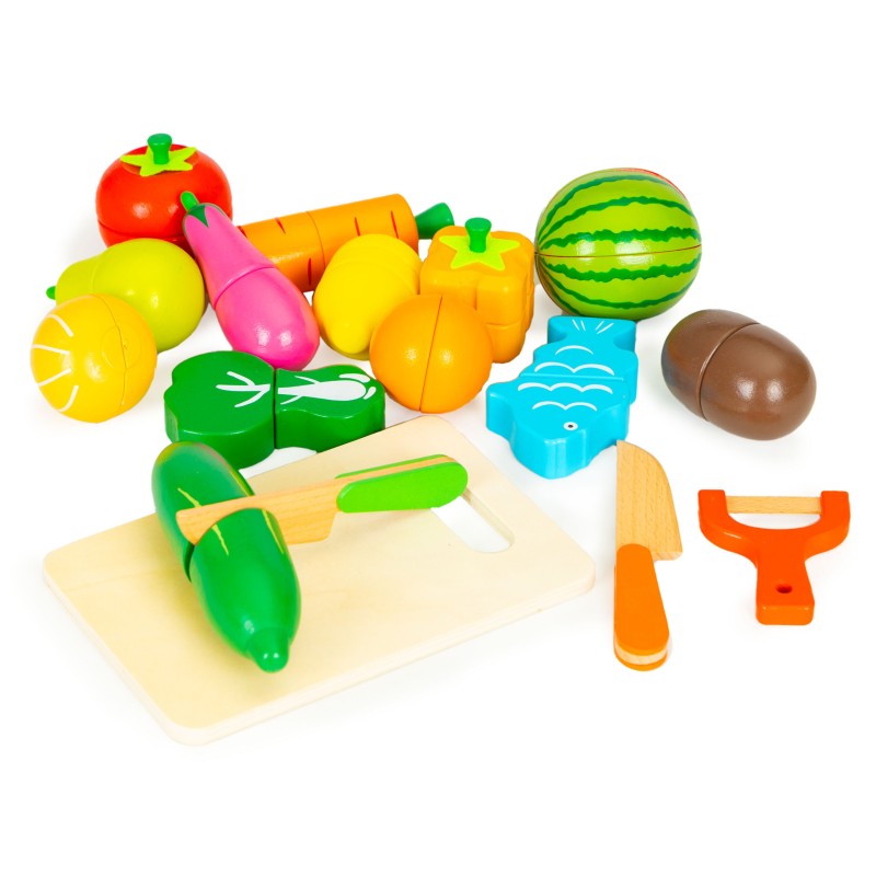 Wooden vegetables and fruits for cutting wooden box + 17 elements