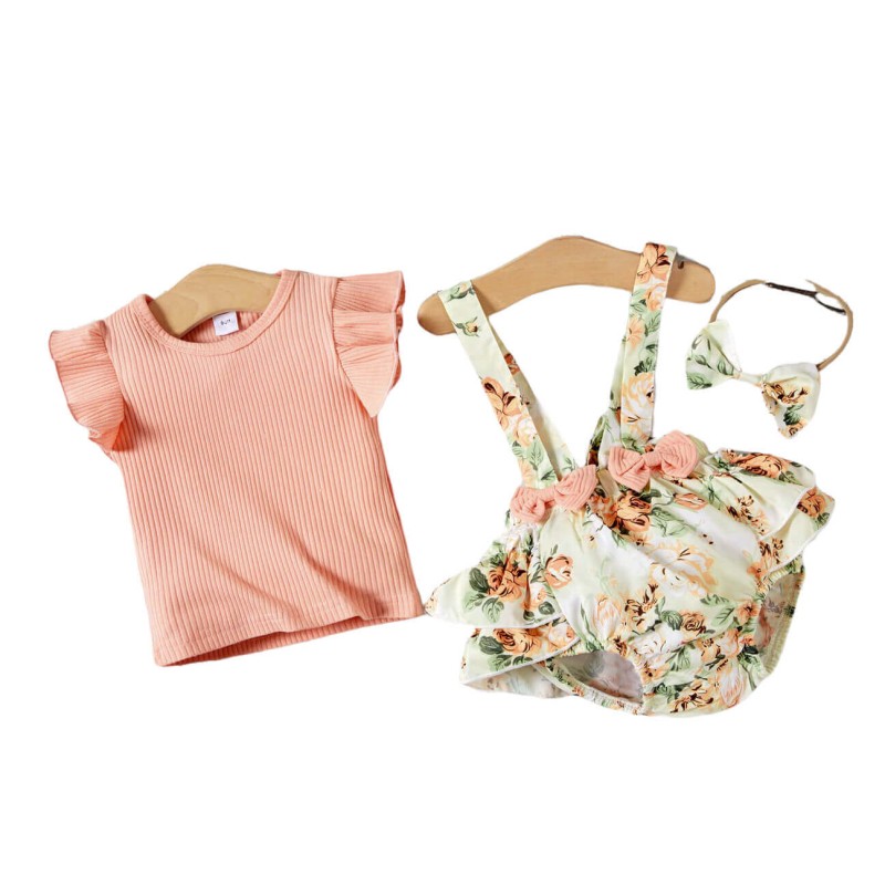 Floral Print Flutter Baby Set - Pink
