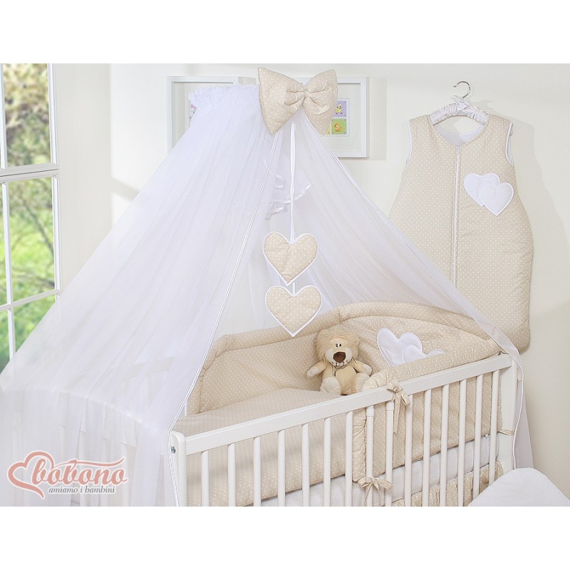 Κουνουπιέρα από chiffon - Hanging Hearts white dots on beige