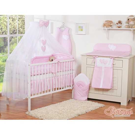 Σετ Προίκας Μωρού 5τμχ Με Κουνουπιέρα - Hanging Hearts white polka dots on pink Σετ Προίκας Μωρού 5τμχ Με Κουνουπιέρα - Hanging Hearts white polka dots on pink