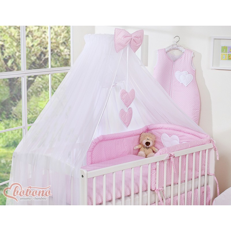 Κουνουπιέρα από chiffon - Hanging Hearts white dots on pink