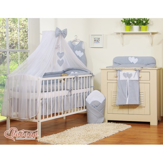 Σετ Προίκας Μωρού 5τμχ Με Κουνουπιέρα - Hanging Hearts white polka dots on grey Σετ Προίκας Μωρού 5τμχ Με Κουνουπιέρα - Hanging Hearts white polka dots on grey