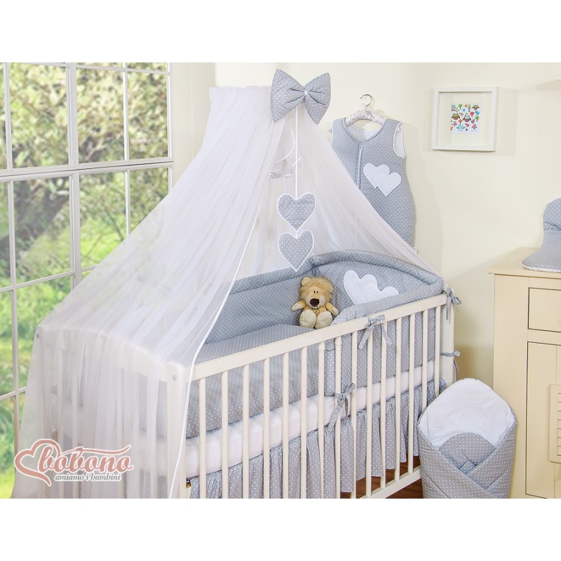 Κουνουπιέρα από chiffon - Hanging Hearts white polka dots on gray