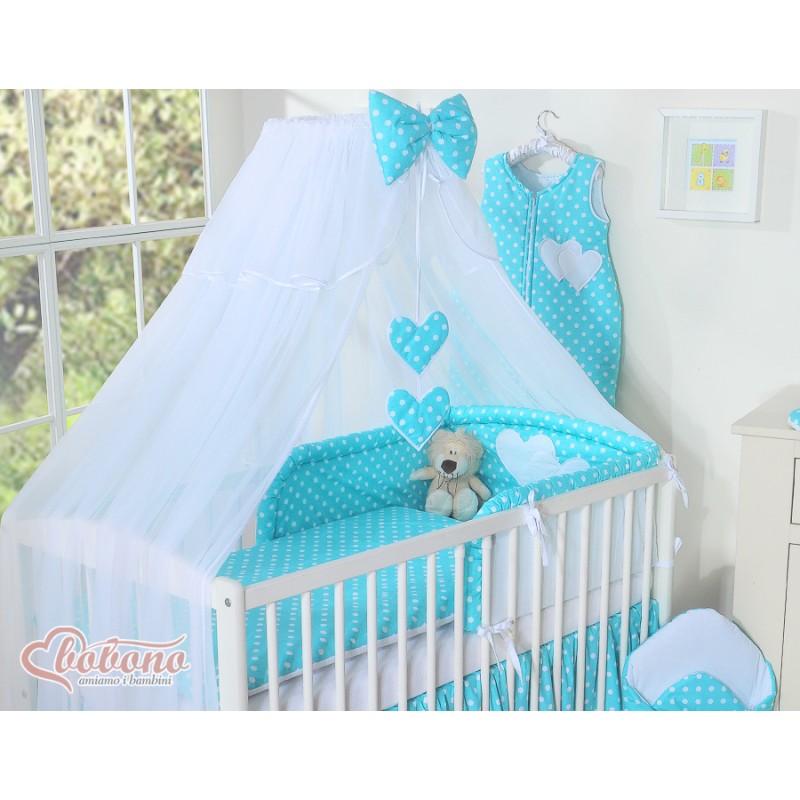 Κουνουπιέρα από chiffon - Hanging Hearts white dots on turquoise