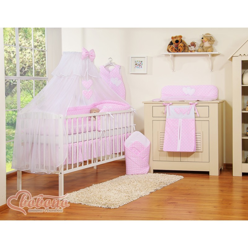 Σετ Προίκας Μωρού 5τμχ Με Κουνουπιέρα - Hanging Hearts white dots on pink