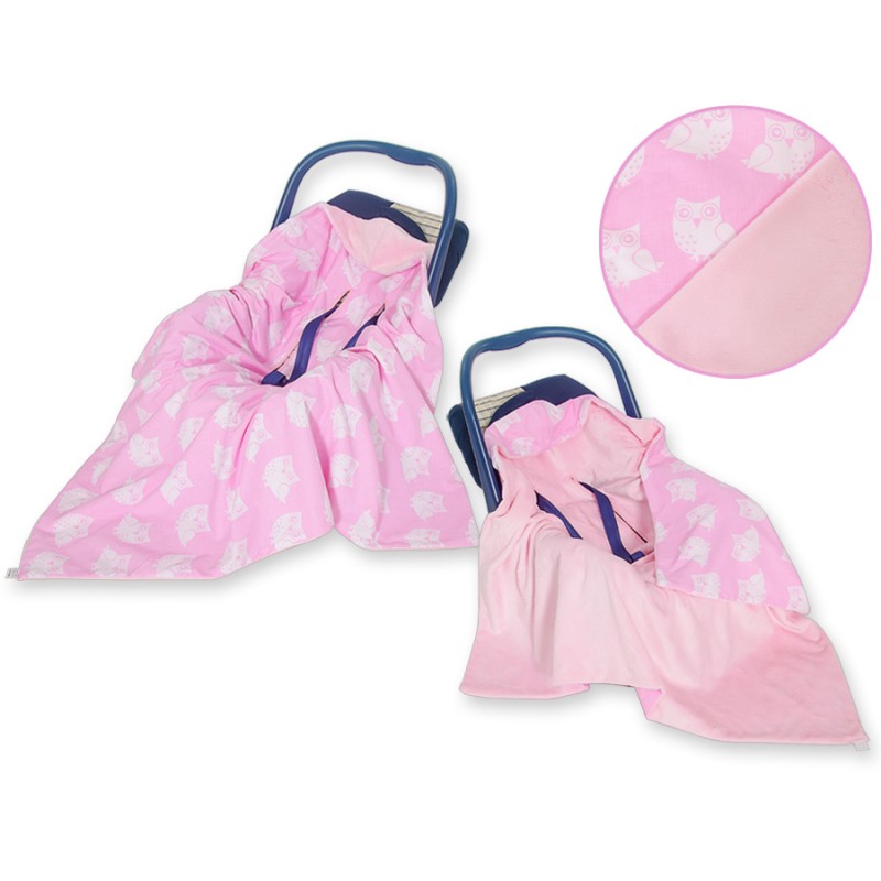 Double-sided car seat blanket  for babies - Owls pink