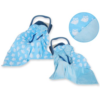 Double-sided car seat blanket  for babies - Owls blue