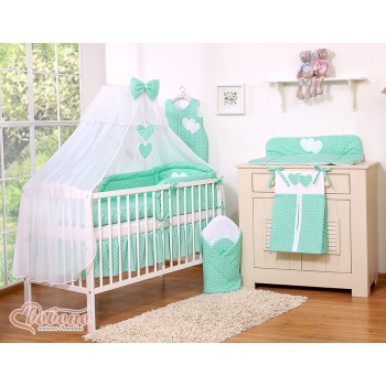 Σετ Προίκας Μωρού 5τμχ Με Κουνουπιέρα - Hanging Hearts white dots on mint