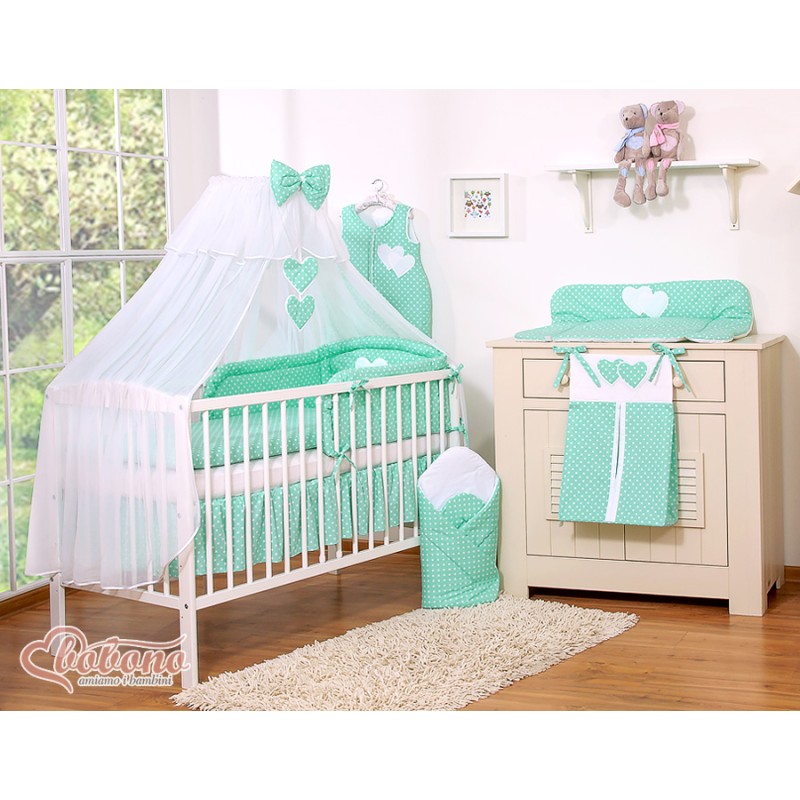 Σετ Προίκας Μωρού 5τμχ Με Κουνουπιέρα - Hanging Hearts white dots on mint