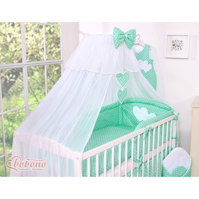 Κουνουπιέρα από chiffon - Hanging Hearts white dots on mint