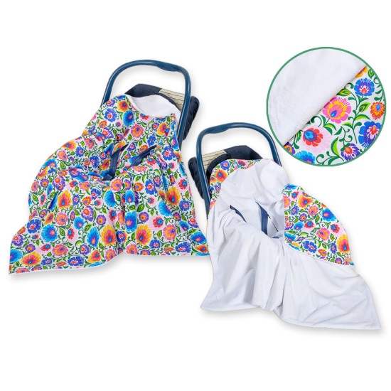 Double-sided car seat blanket for babies - Floral pattern white Double-sided car seat blanket for babies - Floral pattern white