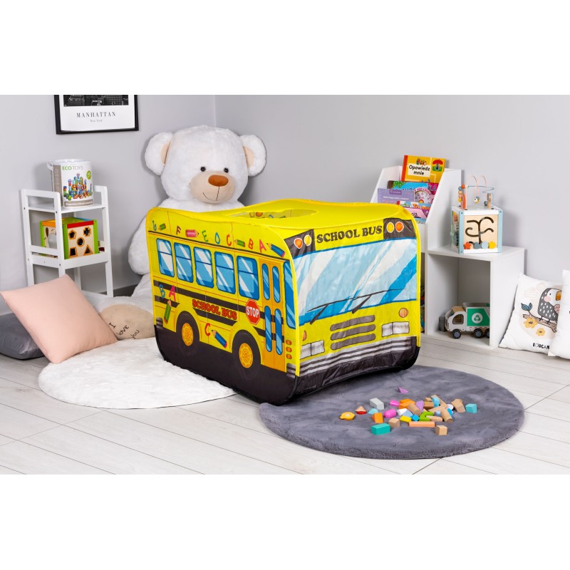 Baby tent, school bus, cottage