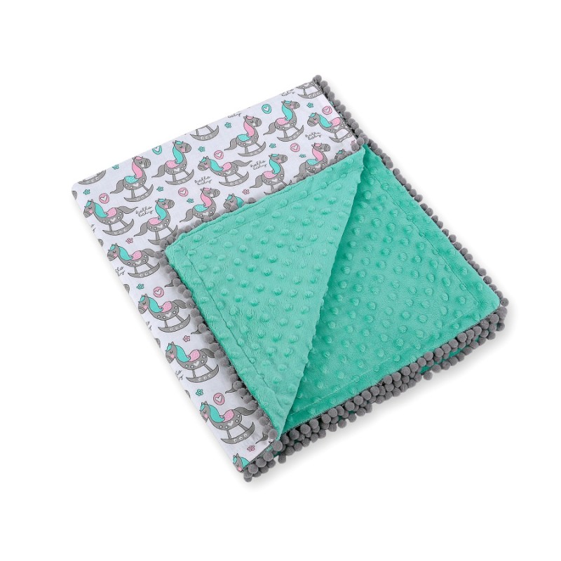 Double-sided blanket minky with pompons - rocking horses