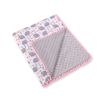 Double-sided blanket minky with pompons - hedgehogs grey