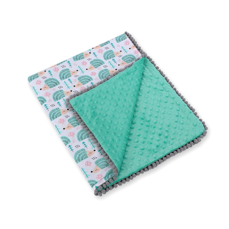 Double-sided blanket minky with pompons -  hedgehogs mint