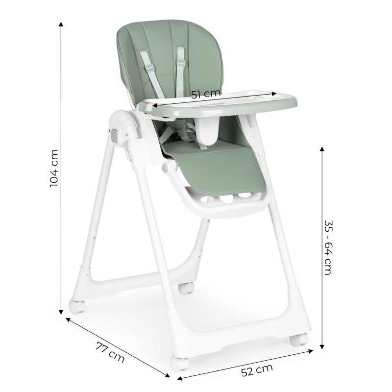 Highchair feeding chair height adjustable eco-leather straps double tray green ECOTOYS