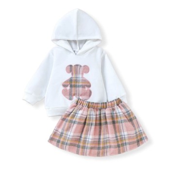 Baby Girl Bear Hoodie Check Set - Pink