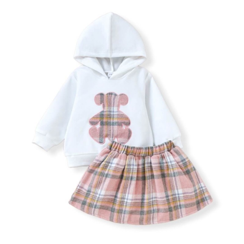 Baby Girl Bear Hoodie Check Set - Pink