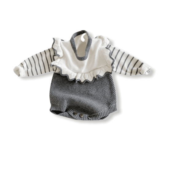 Baby Girl Bodysuit Stripe Frill Knitted - White/Grey Baby Girl Bodysuit Stripe Frill Knitted - White/Grey