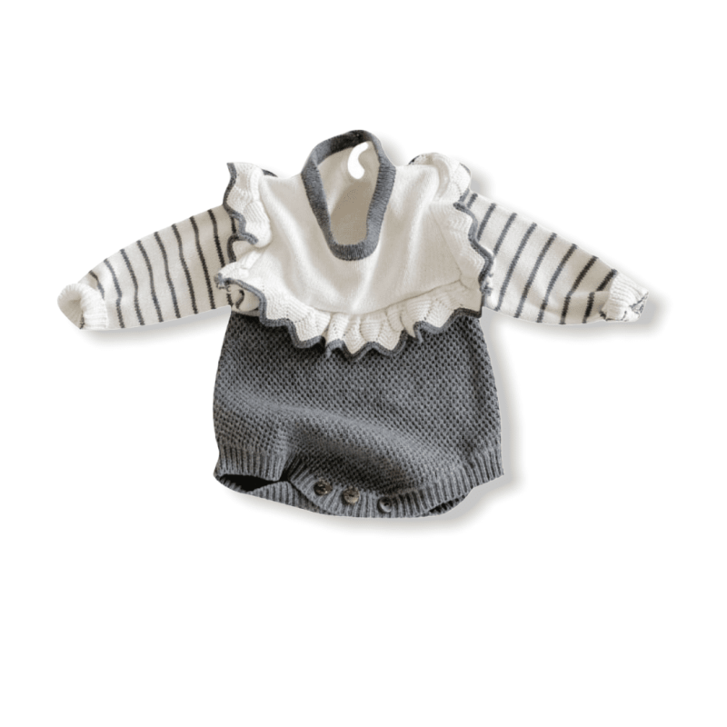 Baby Girl Bodysuit Stripe Frill Knitted - White/Grey