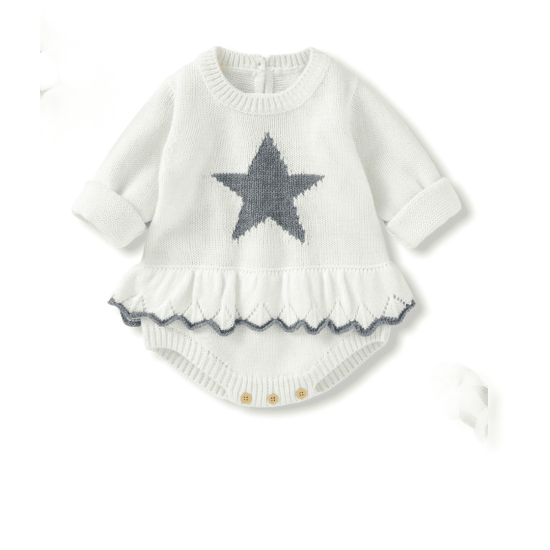 Baby Girl Knit Ruffle Star Bodysuit - White Baby Girl Knit Ruffle Star Bodysuit - White